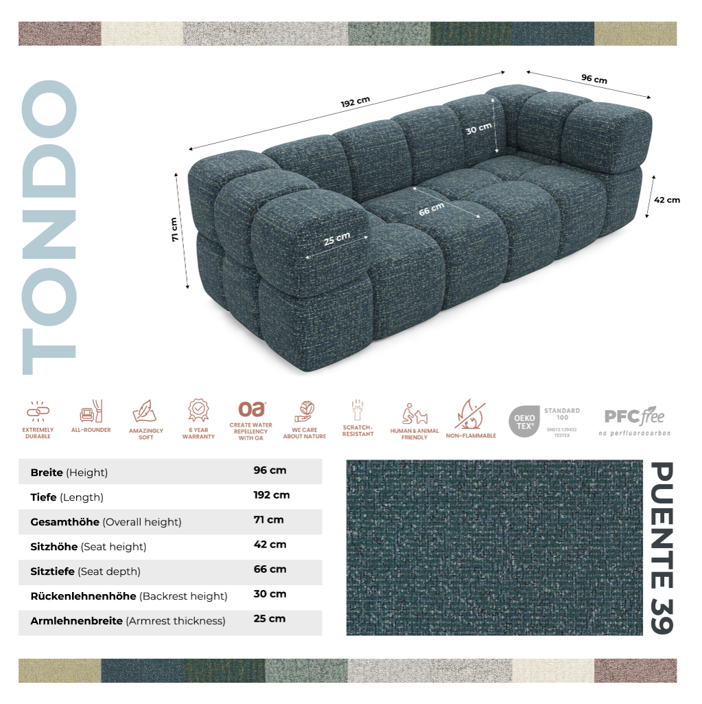 Design-Sofa 3-Sitzer TONDO PUENTE 39 – Strukturstoff in Bouclé-Optik – Wellenförmiges Design – Dunkelblau