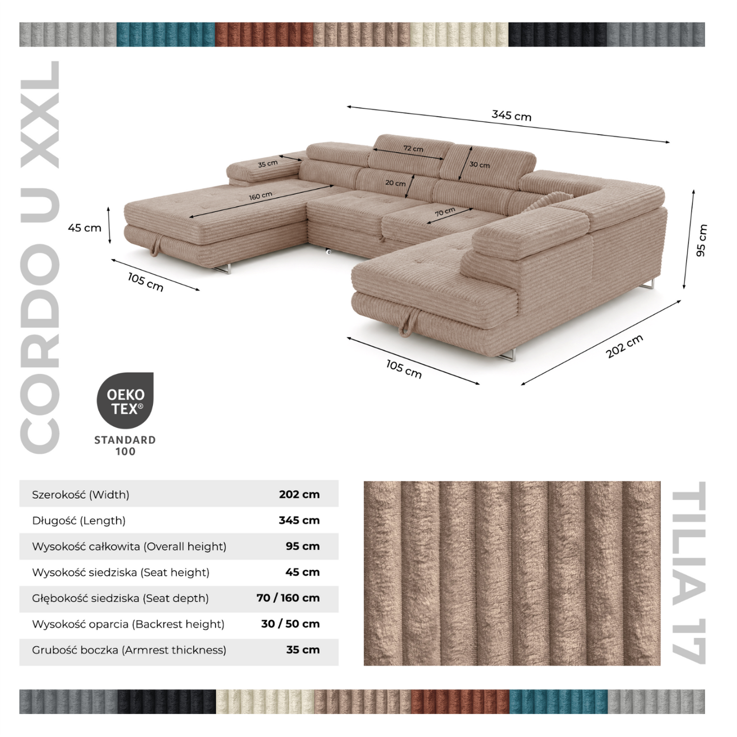 Wohnlandschaft Cordo U XXL U-förmiges Sofa mit Schlaffunktion & 2 Bettkästen – Breitcord Tilia Beige – Ottomane Rechts