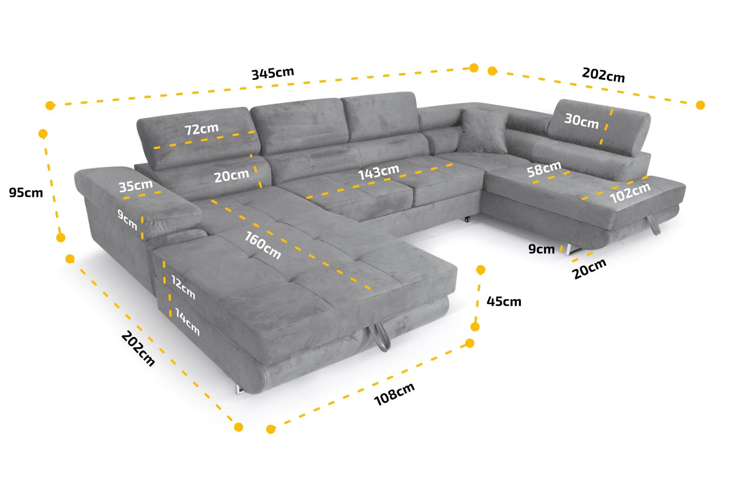 Wohnlandschaft Aller Moon U XXL-Ecksofa mit Schlaffunktion und zwei Bettkästen. (Dunkelblau, Rechts)
