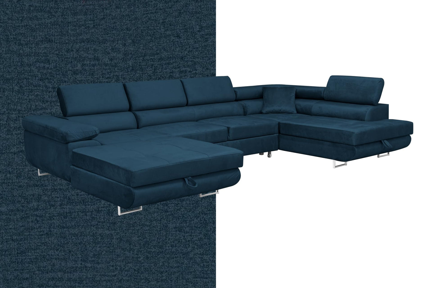 Wohnlandschaft Aller Moon U XXL-Ecksofa mit Schlaffunktion und zwei Bettkästen. (Dunkelblau, Rechts)