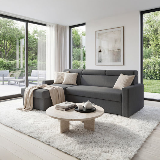Ecksofa Vega L mit Schlaffunktion & Bettkasten – Samtstoff Best Graphit – Zero-Wall Design Wandbündig – L-Form Sofa Freistehend Graphit