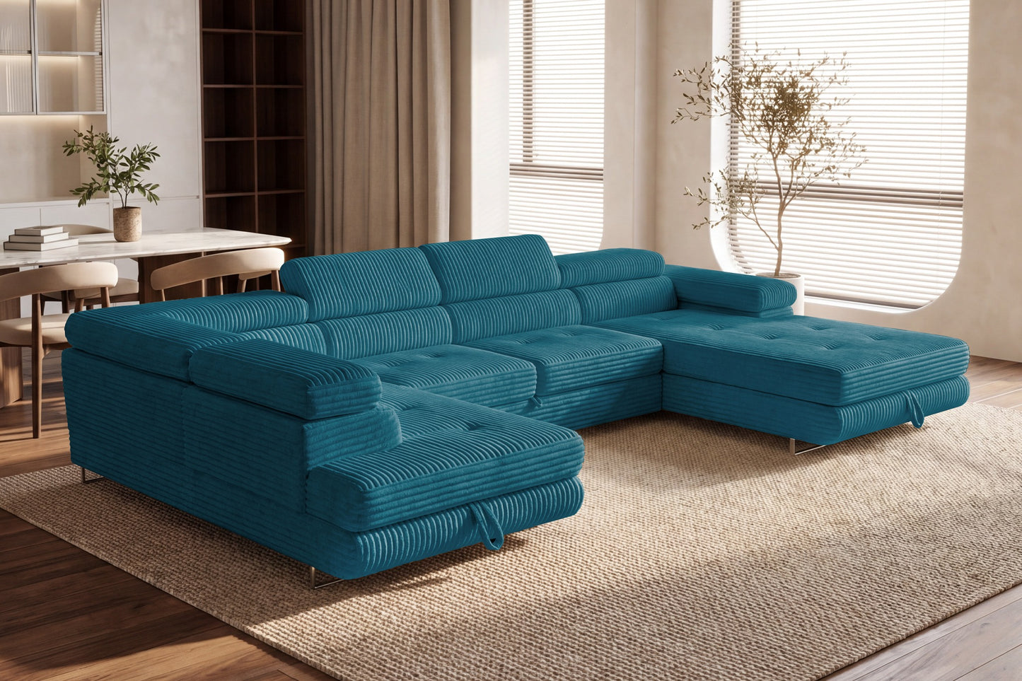 Wohnlandschaft Cordo U XXL U-Form Sofa mit Schlaffunktion & 2 Bettkästen – Breitcord Tilia Türkis– Ottomane Links