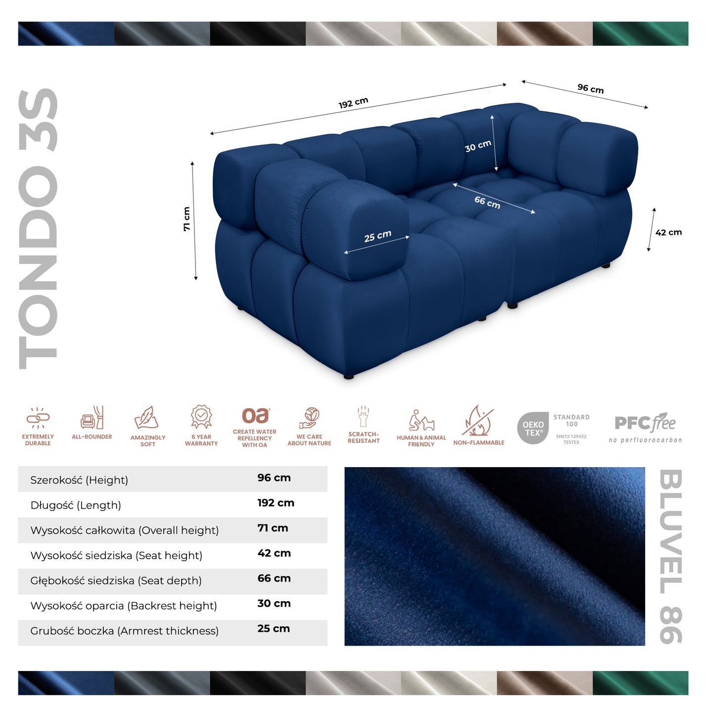 Sofa Tondo 3 s - Bluvel 86 dunkelblau