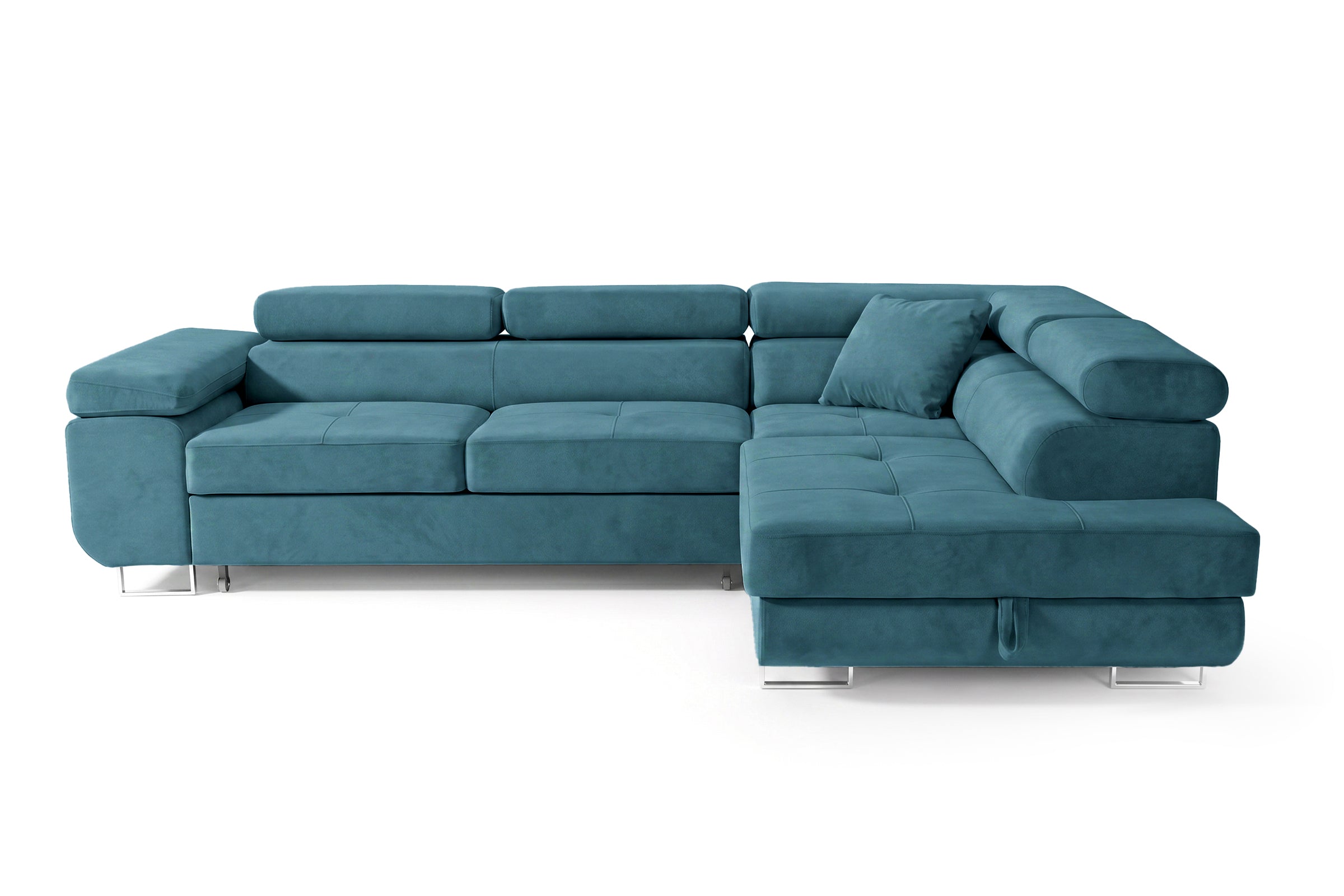 Ecksofa Luca L-Form Türkis Stoff Element 14 Rechte Ottomane mit Schlaffunktion & Bettkasten