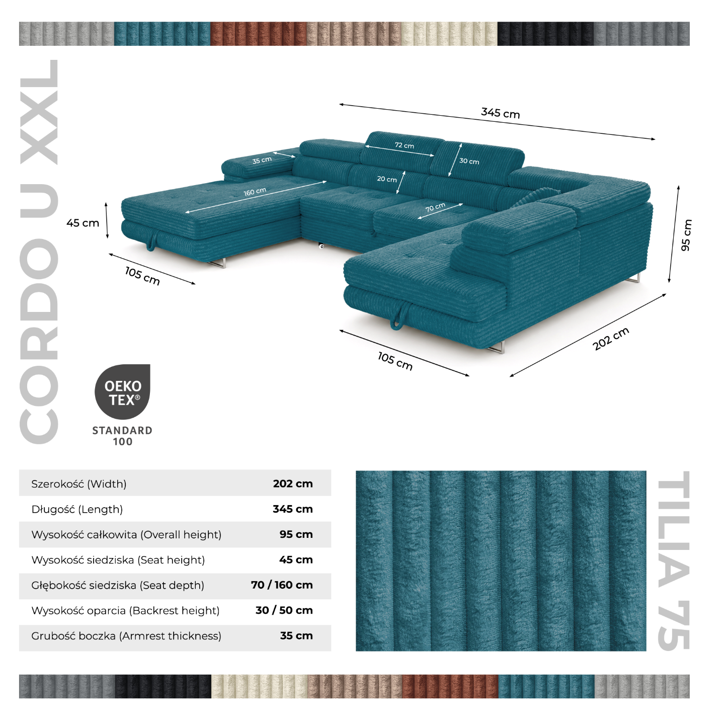 Wohnlandschaft Cordo U XXL U-Form Sofa mit Schlaffunktion & 2 Bettkästen – Breitcord Tilia Türkis– Ottomane Rechts
