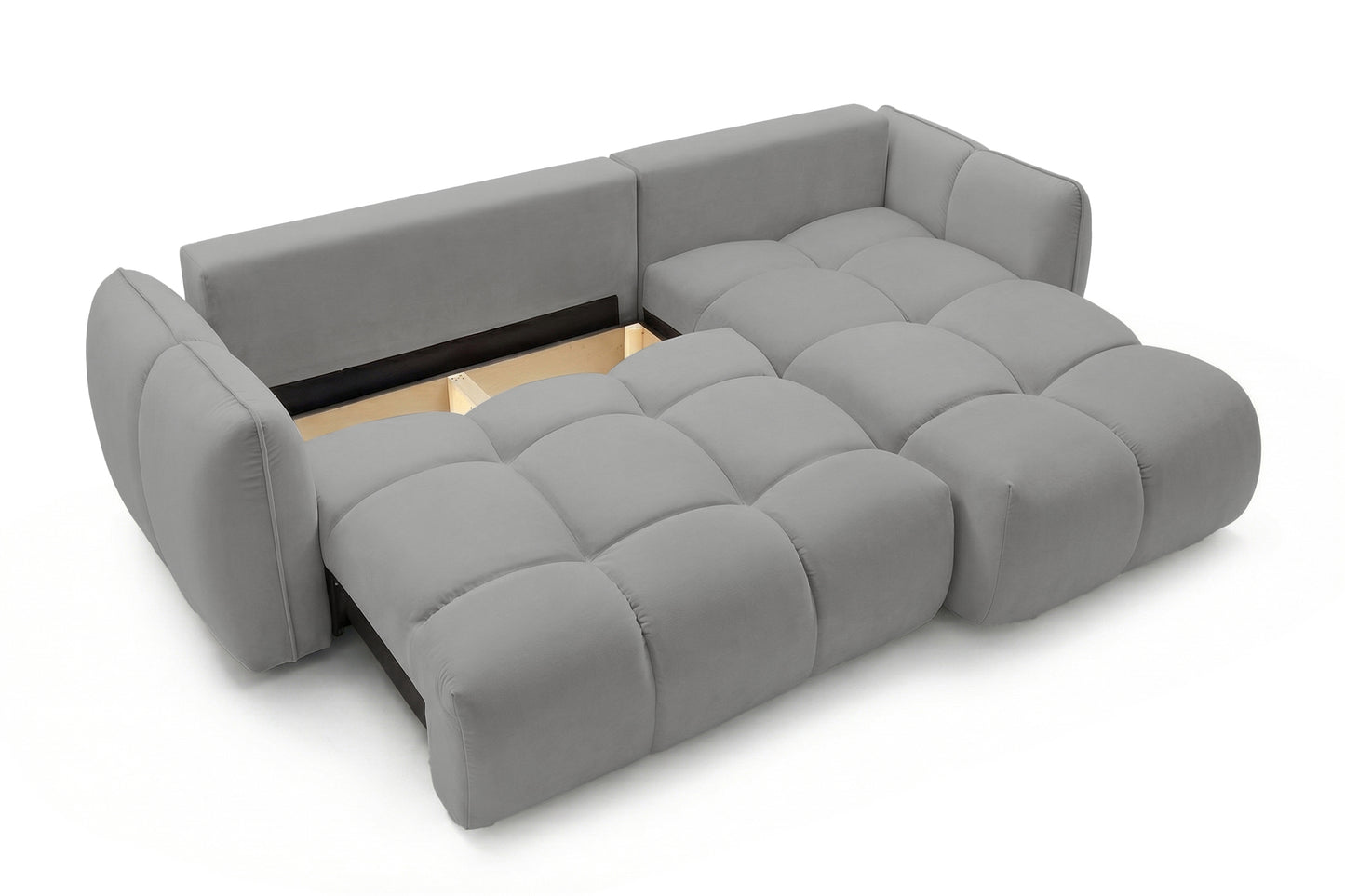 Ecksofa BELVEO mit Schlaffunktion und Bettkasten L-Form Ausrichtung rechts Stoff Bluvel 14 Grau