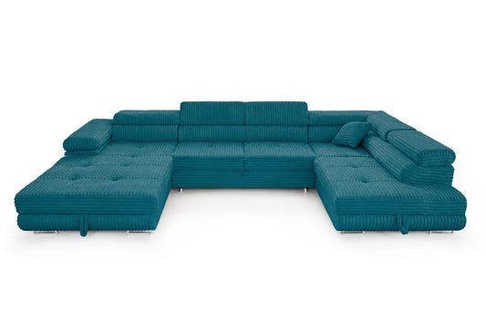 Wohnlandschaft Cordo U XXL U-Form Sofa mit Schlaffunktion & 2 Bettkästen – Breitcord Tilia Türkis – Ottomane Rechts