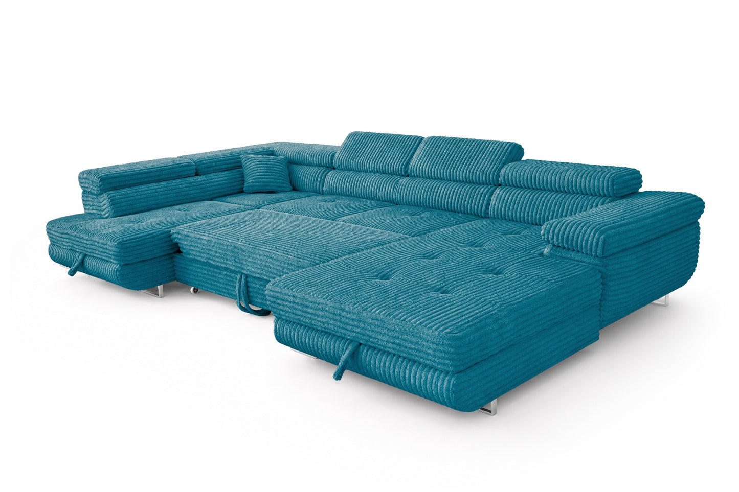 Wohnlandschaft Cordo U XXL U-Form Sofa mit Schlaffunktion & 2 Bettkästen – Breitcord Tilia Türkis– Ottomane Links