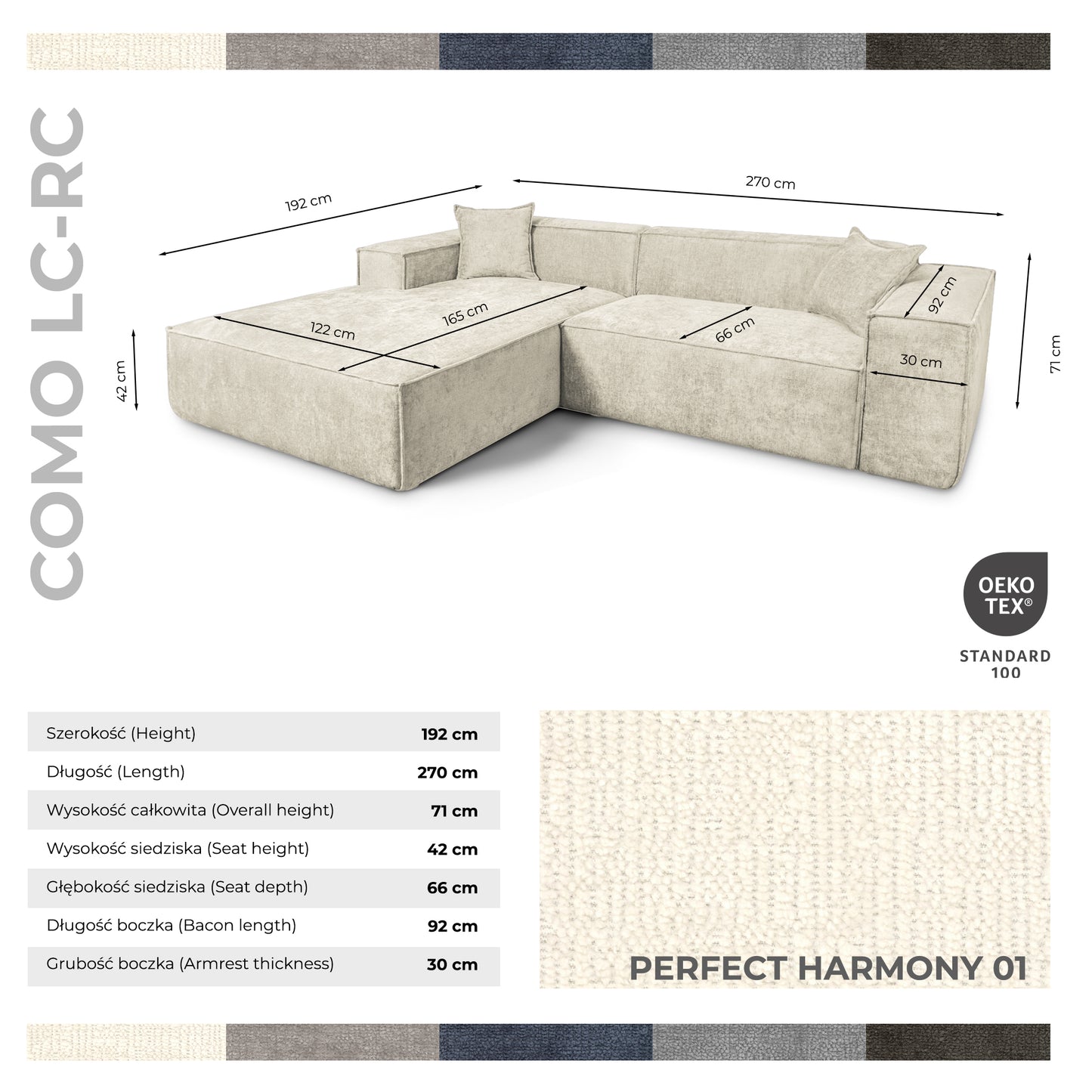 Design Ecksofa Como LC/RC 192x270 cm – Luxus Lounge L-Form Perfect Harmony 01 Beige– Strukturstoff Modern & Robust