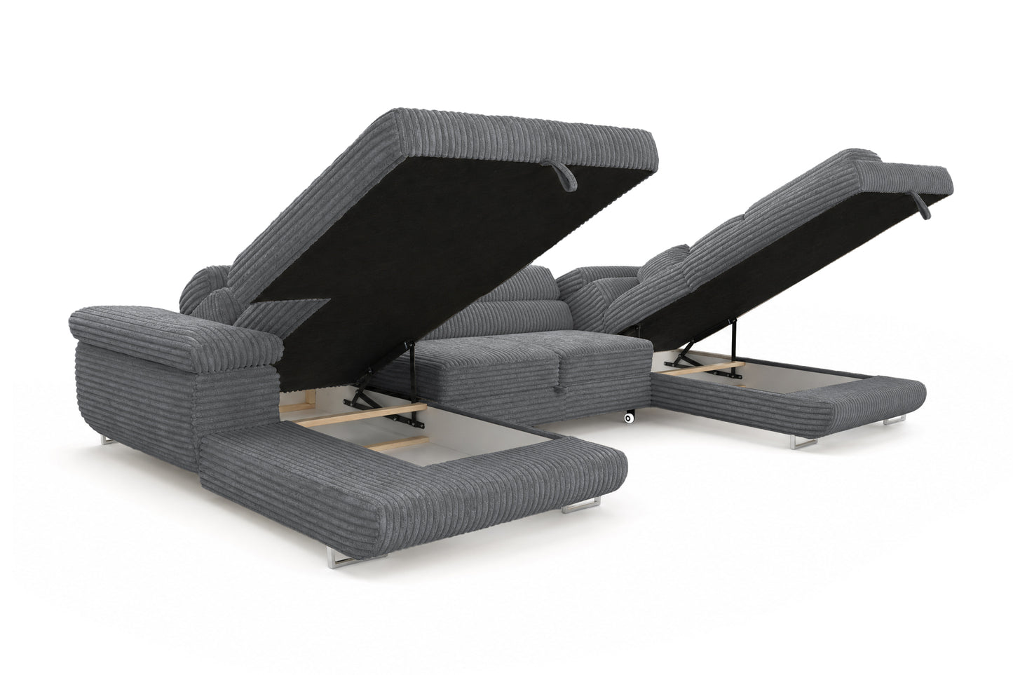 Wohnlandschaft Cordo U XXL U-Form Sofa mit Schlaffunktion & 2 Bettkästen – Breitcord Tilia Grau – Ottomane Rechts