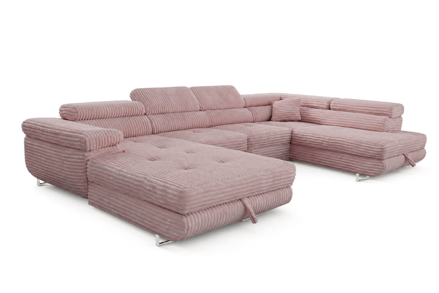 Wohnlandschaft Cordo U XXL U-förmiges Sofa mit Schlaffunktion & 2 Bettkästen – Breitcord Tilia Altrosa – Ottomane Rechts