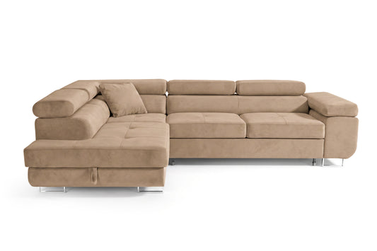 Ecksofa Luca L-Form Beige Stoff Element 06 Linke Ottomane mit Schlaffunktion & Bettkasten