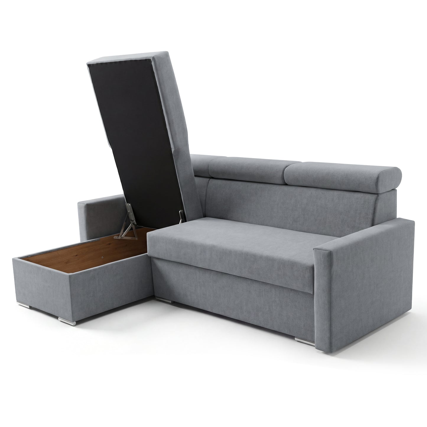 Ecksofa Vega L mit Schlaffunktion & Bettkasten – Samtstoff Best Grau – Zero-Wall Design Wandbündig – L-Form Sofa Freistehend