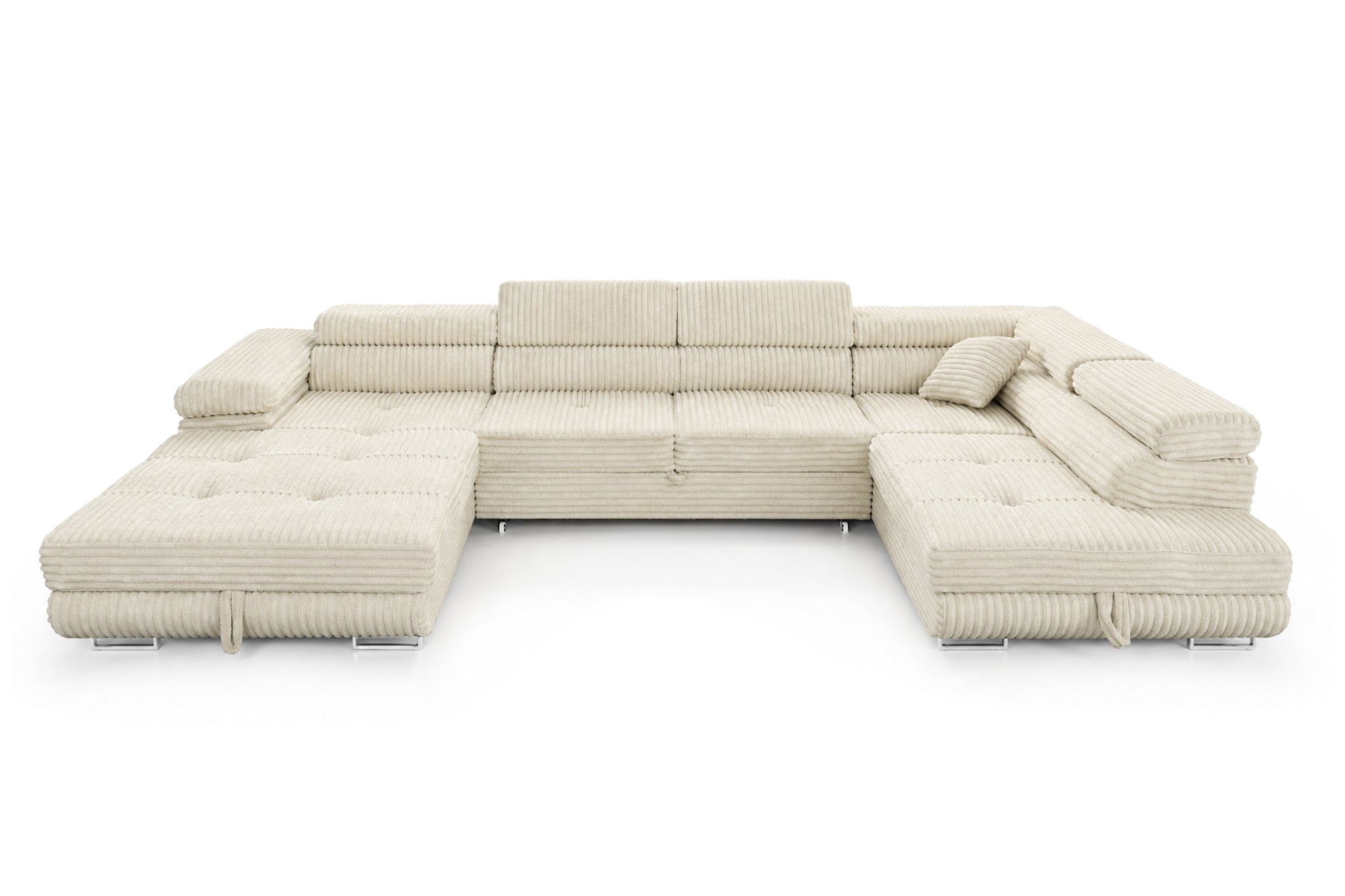 Wohnlandschaft Cordo U XXL U-Form Sofa mit Schlaffunktion & 2 Bettkästen – Breitcord Tilia Creme– Ottomane Rechts
