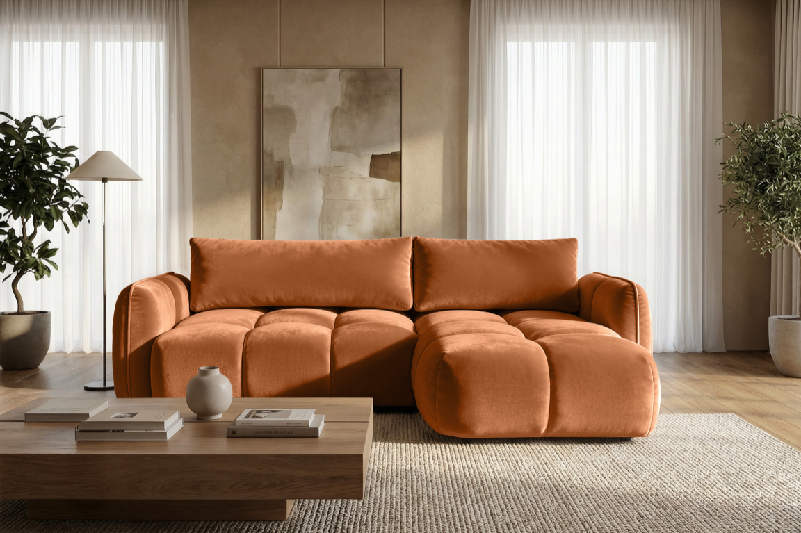 Ecksofa BELVEO mit Schlaffunktion und Bettkasten L-Form Ausrichtung rechts Stoff Bluvel 4215 Rostbraun