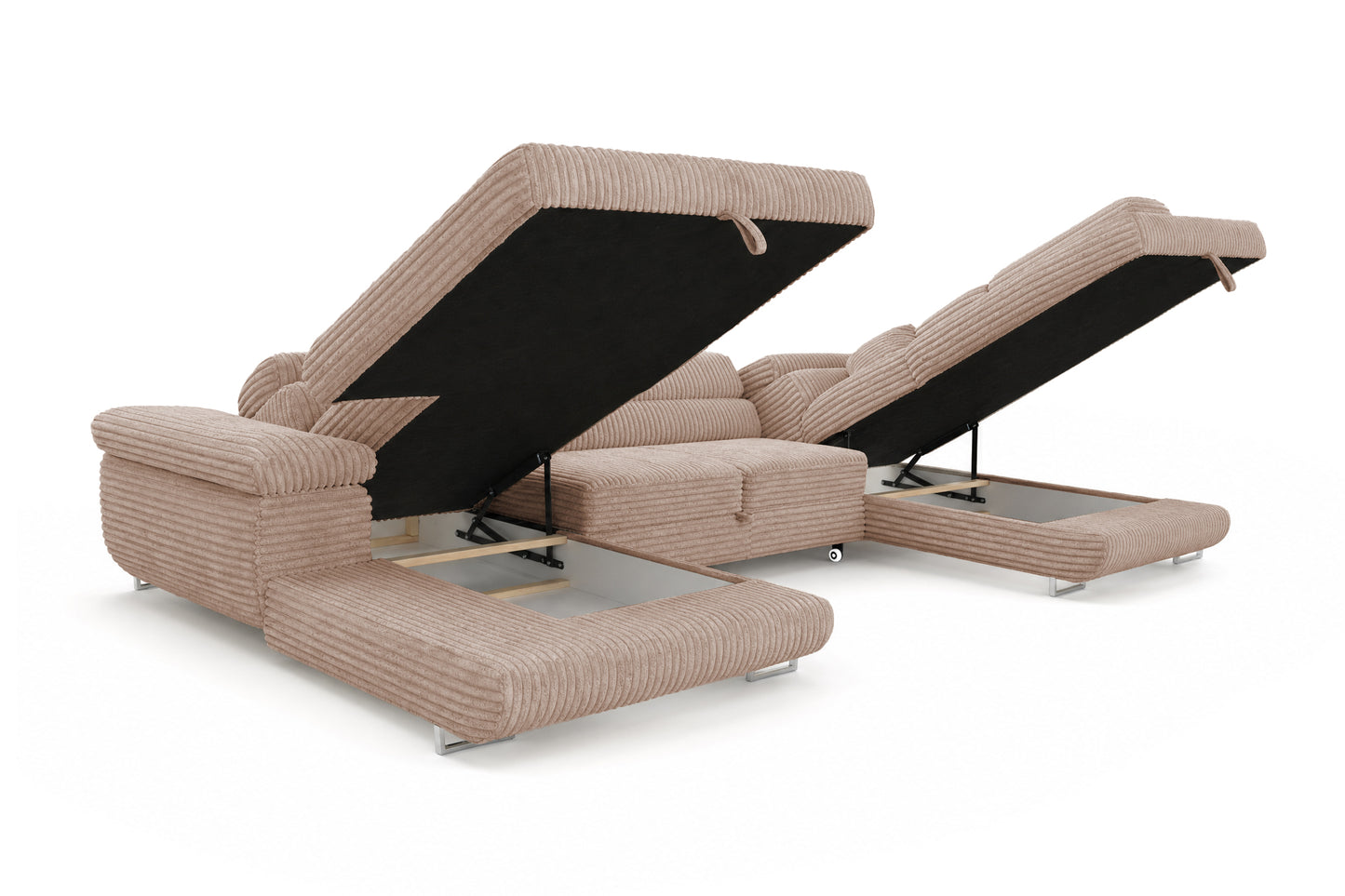 Wohnlandschaft Cordo U XXL U-förmiges Sofa mit Schlaffunktion & 2 Bettkästen – Breitcord Tilia Beige – Ottomane Rechts