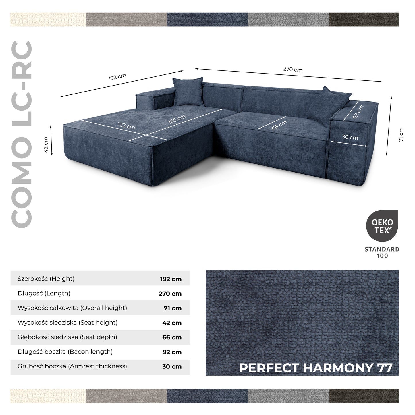 Design Ecksofa Como LC/RC 192x270 cm – Luxus Lounge L-Form Perfect Harmony 77 Marineblau – Strukturstoff Modern & Robust