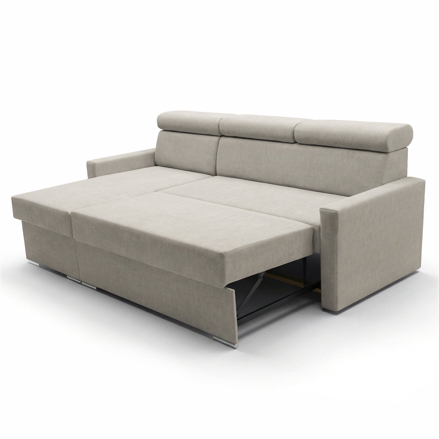 Ecksofa Vega L mit Schlaffunktion & Bettkasten – Samtstoff Best Hellbeige – Zero-Wall Design Wandbündig – L-Form Sofa Freistehend