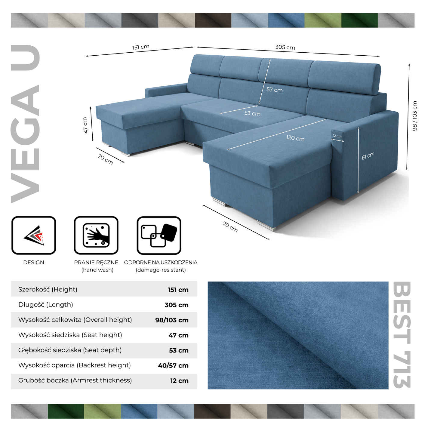Vega U Ecksofa nach Maß | Breite anpassbar | Schlaffunktion 2 Bettkästen U-Form verstellbare Kopfstützen Samtstoff Best 305x151 cm (Blau)