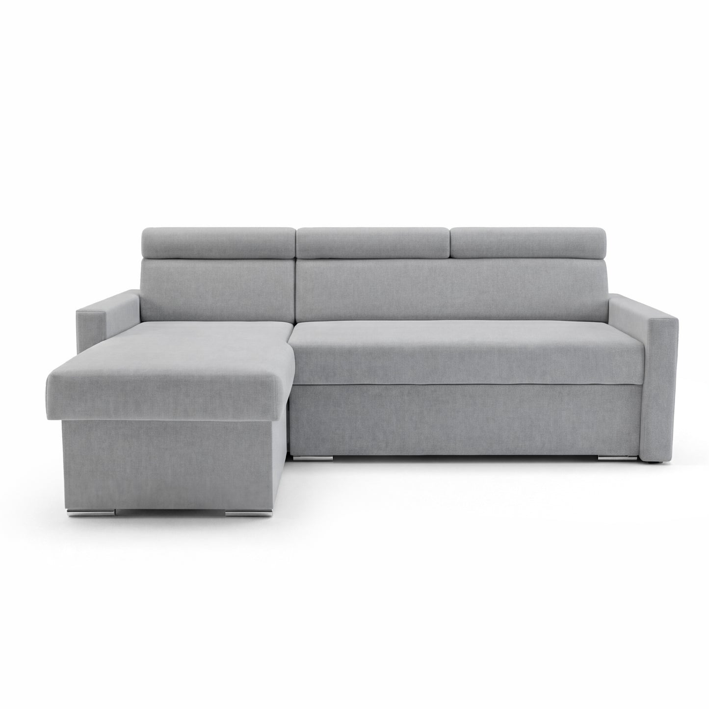 Ecksofa Vega L mit Schlaffunktion & Bettkasten – Samtstoff Best Hellgrau– Zero-Wall Design Wandbündig – L-Form Sofa Freistehend
