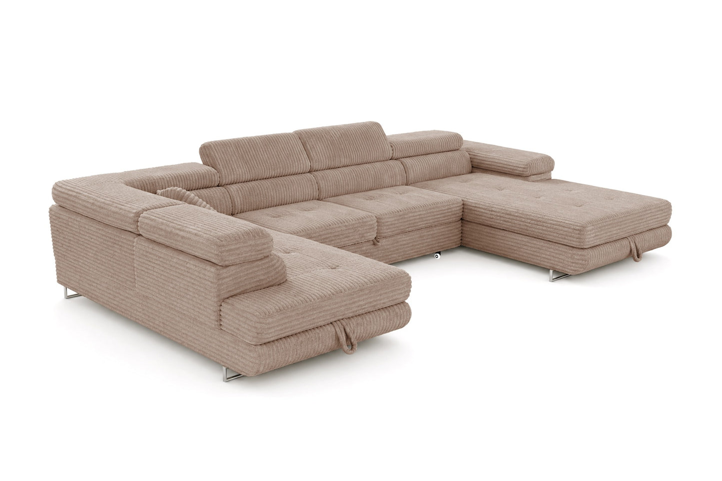 Wohnlandschaft Cordo U XXL U-Form Sofa mit Schlaffunktion & 2 Bettkästen – Breitcord Tilia Beige– Ottomane Links
