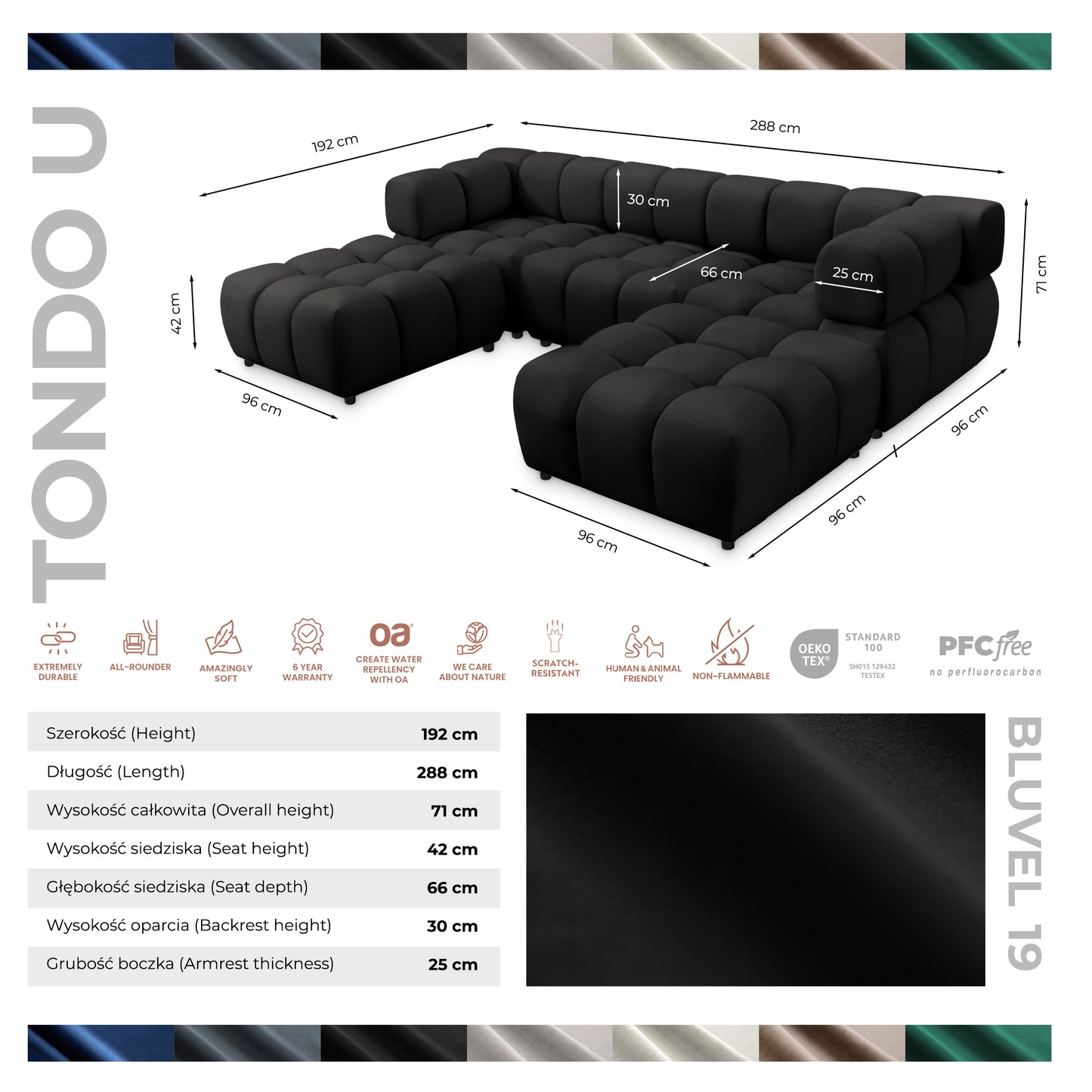 Exklusive Wohnlandschaft Tondo U 192x288 cm – Designer-Sofa Samt Bluvel 19 Schwarz – Modernes Bubble-Design & HR-Schaum Komfort