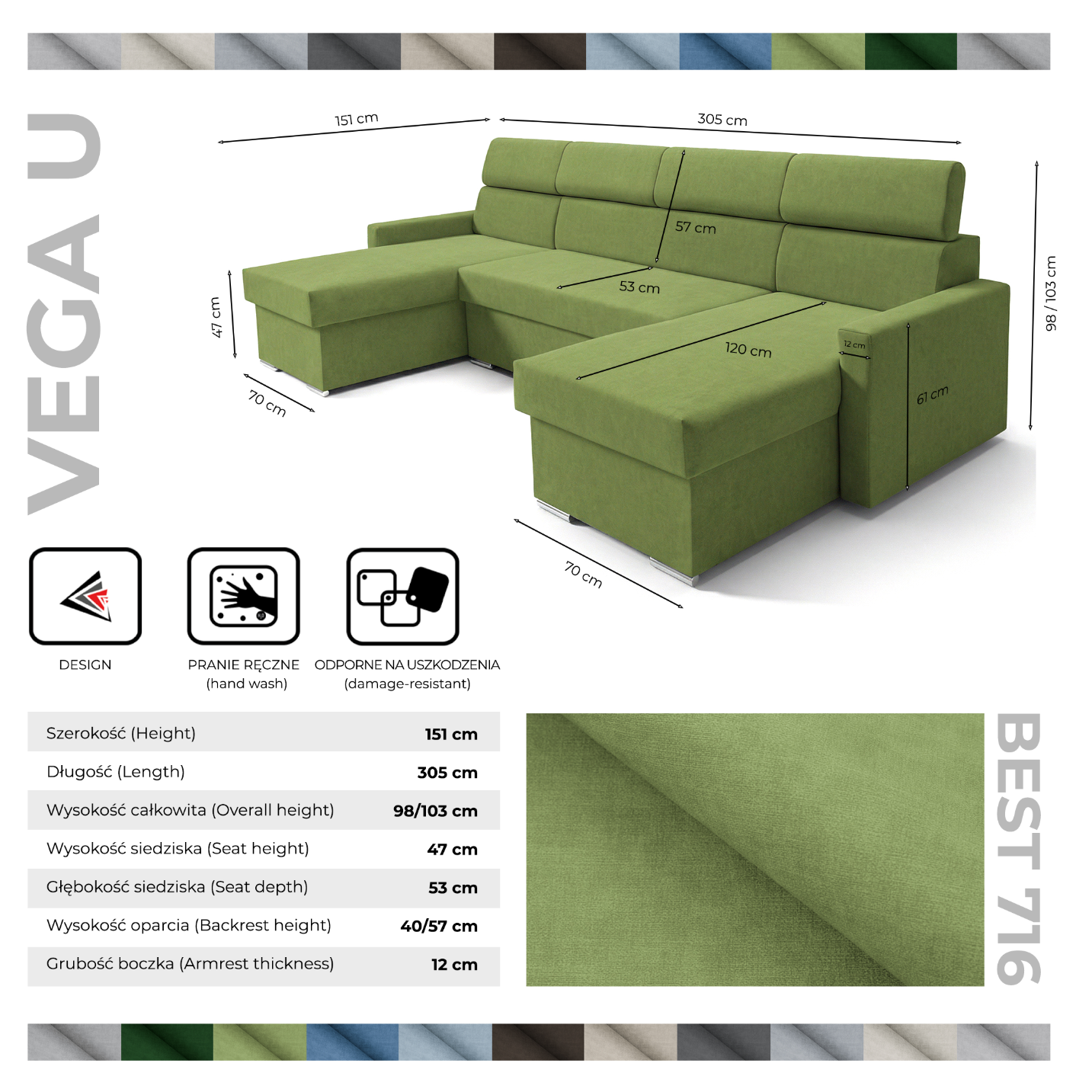 Vega U Ecksofa nach Maß | Breite anpassbar | Schlaffunktion 2 Bettkästen U-Form verstellbare Kopfstützen Samtstoff Best 305x151 cm (Grün)
