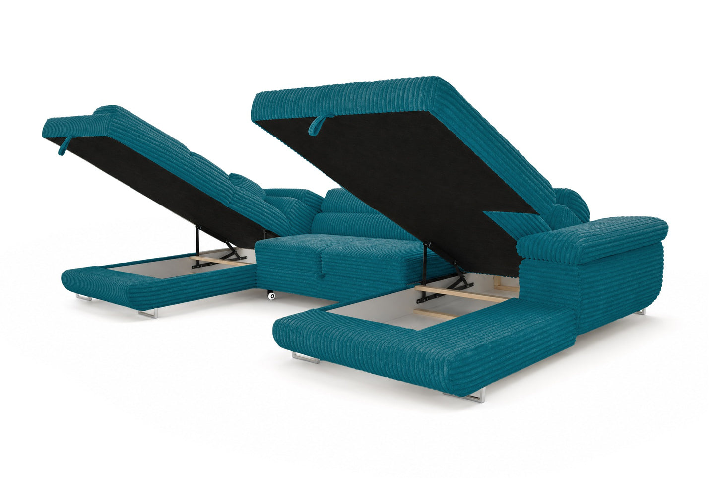 Wohnlandschaft Cordo U XXL U-Form Sofa mit Schlaffunktion & 2 Bettkästen – Breitcord Tilia Türkis– Ottomane Links