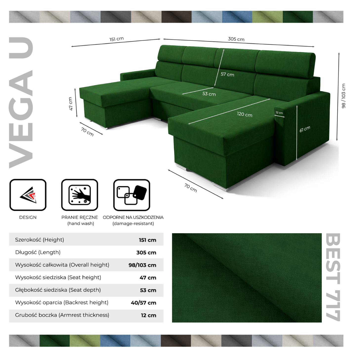 Vega U Ecksofa nach Maß | Breite anpassbar | Schlaffunktion 2 Bettkasten U-Form verstellbare Kopfstützen Samt-Stoff Best 305x151 cm (Flaschengrün)