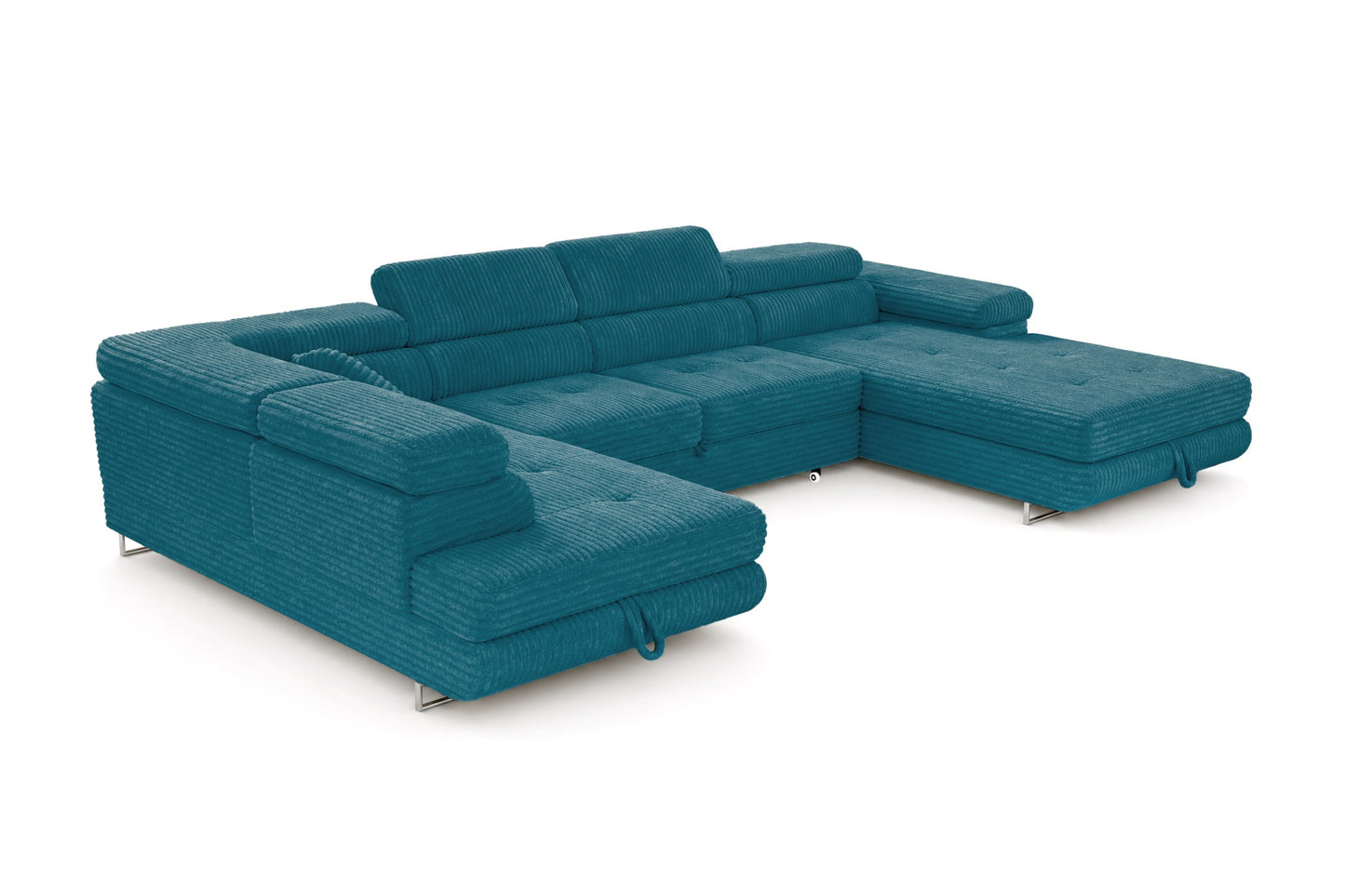 Wohnlandschaft Cordo U XXL U-Form Sofa mit Schlaffunktion & 2 Bettkästen – Breitcord Tilia Türkis– Ottomane Links