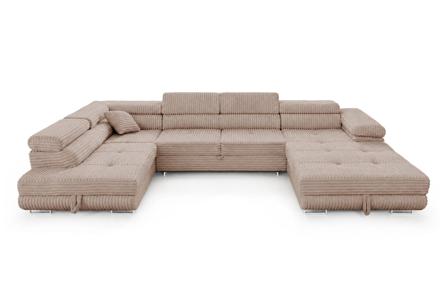 Wohnlandschaft Cordo U XXL U-Form Sofa mit Schlaffunktion & 2 Bettkästen – Breitcord Tilia Beige– Ottomane Links