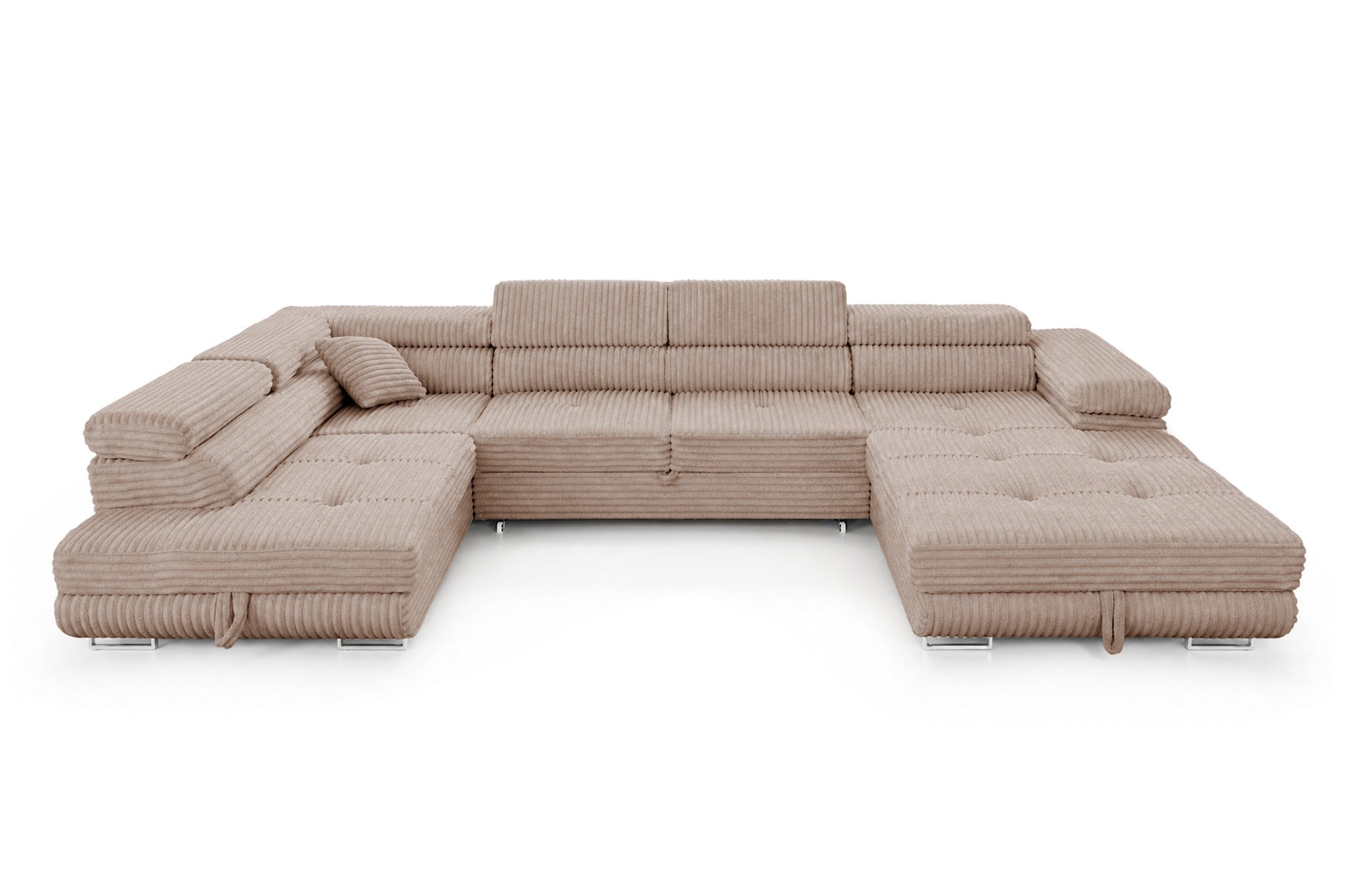 Wohnlandschaft Cordo U XXL U-Form Sofa mit Schlaffunktion & 2 Bettkästen – Breitcord Tilia Beige– Ottomane Links