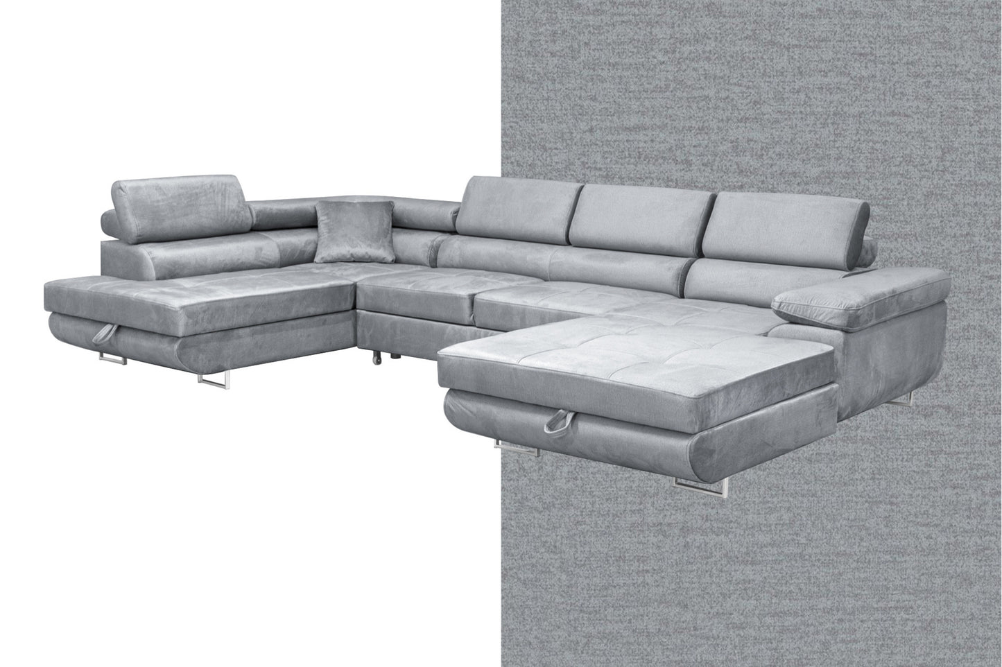 Sofiland Aller XXL U-förmiges Ecksofa, linke Ausrichtung, mit Schlaffunktion, Couchgarnitur mit 2 Bettkästen, Wohnzimmersofa Hellgrau MONOLITH 84, Sofa, Bettsofa, Couch