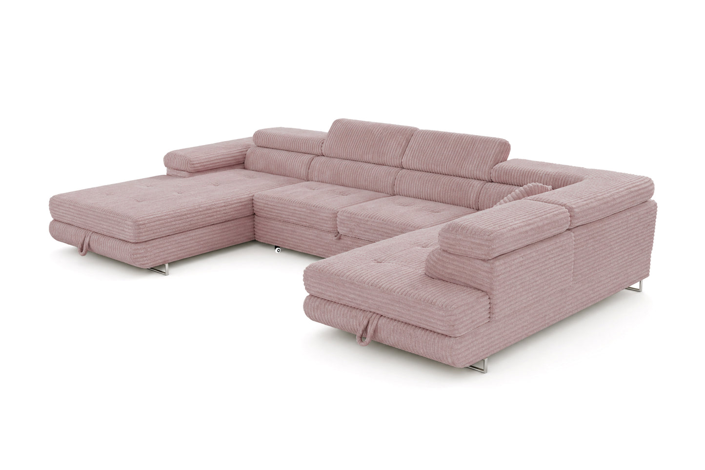 Wohnlandschaft Cordo U XXL U-förmiges Sofa mit Schlaffunktion & 2 Bettkästen – Breitcord Tilia Altrosa – Ottomane Rechts