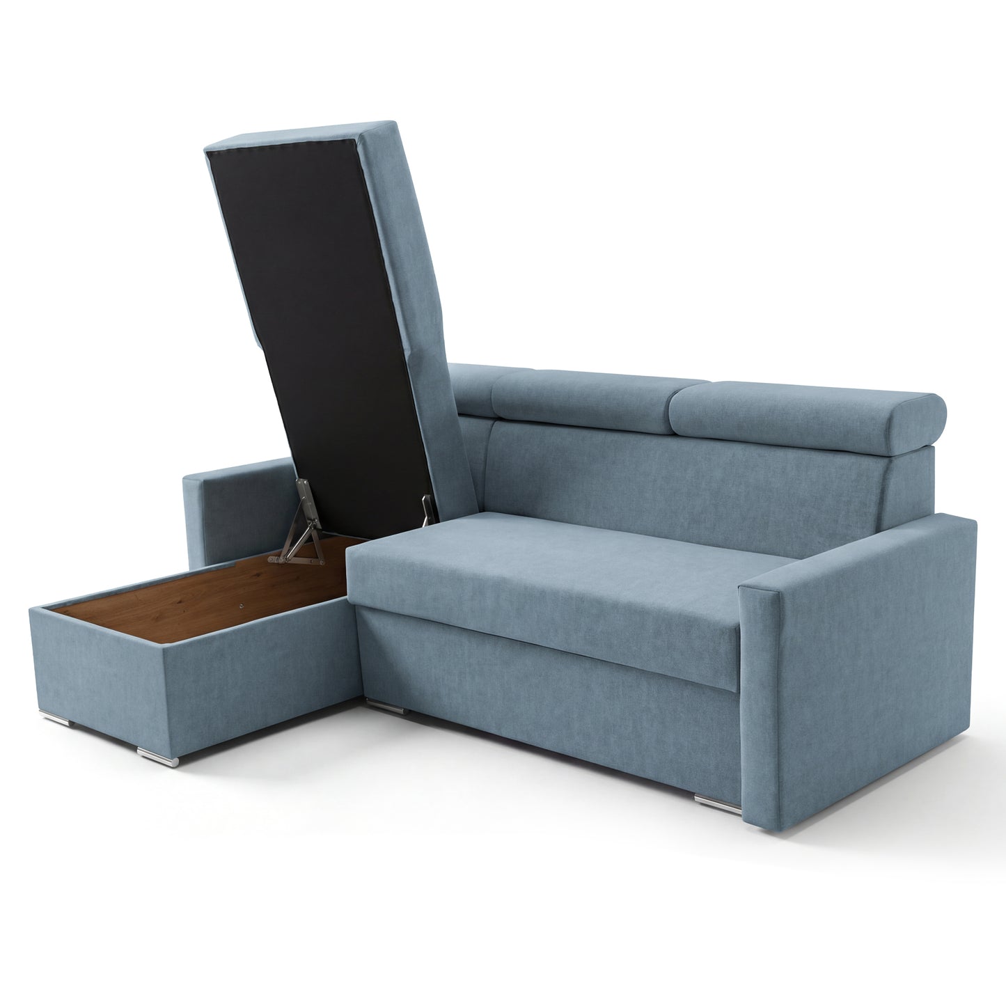 Ecksofa Vega L mit Schlaffunktion & Bettkasten – Samtstoff Best Himmelblau – Zero-Wall Design Wandbündig – L-Form Sofa Freistehend Himmelblau