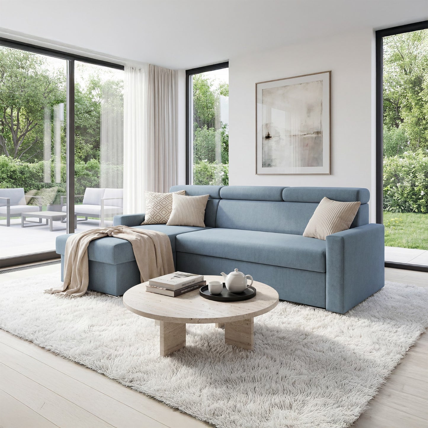 Ecksofa Vega L mit Schlaffunktion & Bettkasten – Samtstoff Best Himmelblau – Zero-Wall Design Wandbündig – L-Form Sofa Freistehend Himmelblau