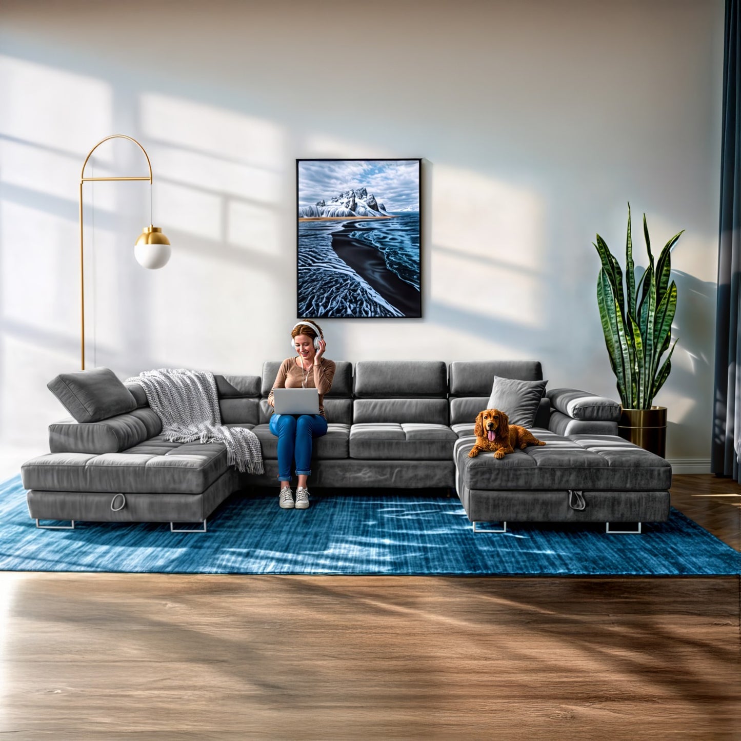 Sofiland Aller XXL U-förmiges Ecksofa, linke Ausrichtung, mit Schlaffunktion, Couchgarnitur mit 2 Bettkästen, Wohnzimmersofa Hellgrau MONOLITH 84, Sofa, Bettsofa, Couch