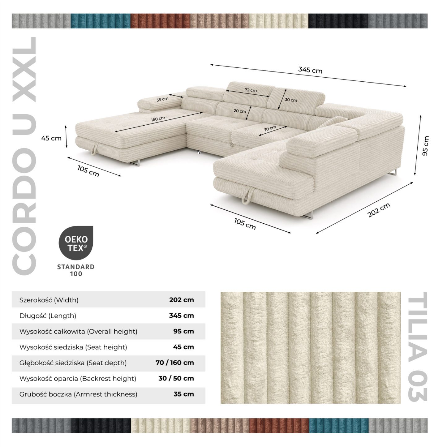 Wohnlandschaft Cordo U XXL U-Form Sofa mit Schlaffunktion & 2 Bettkästen – Breitcord Tilia Creme– Ottomane Rechts