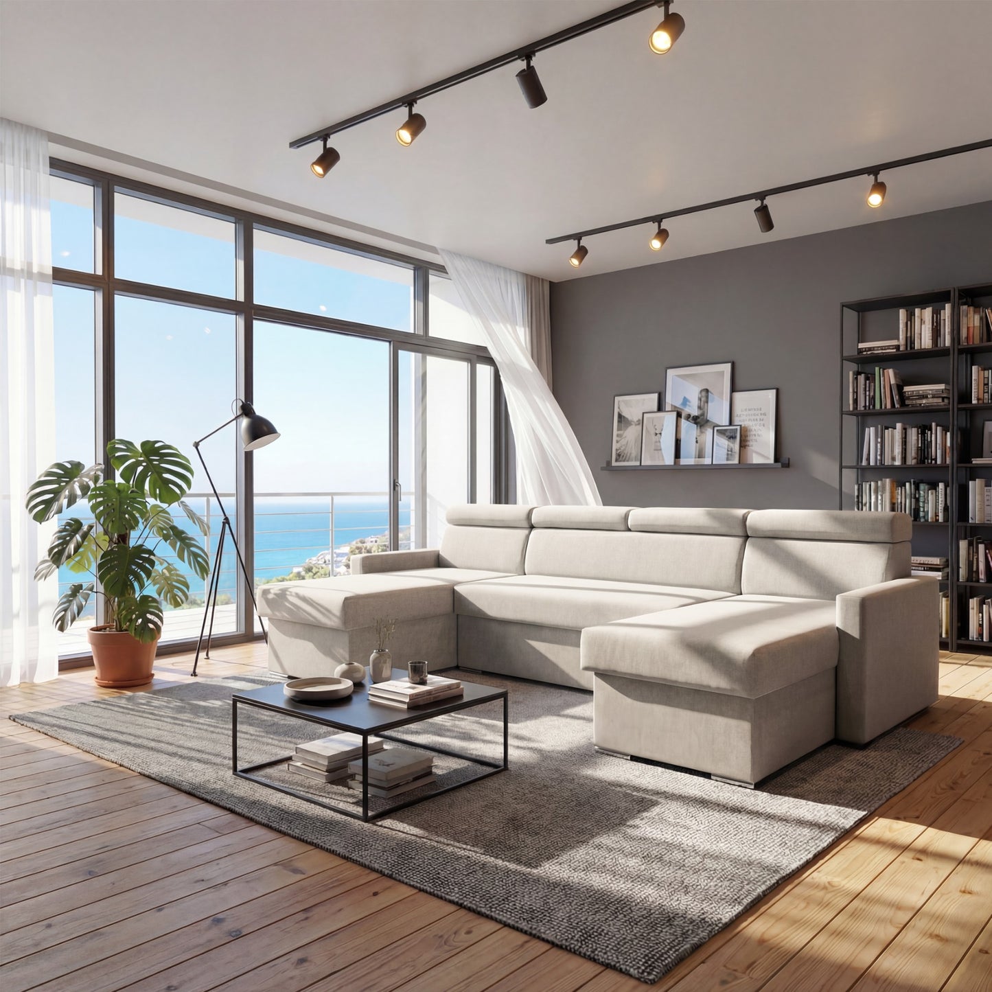 Vega U Wohnlandschaft mit Schlaffunktion und 2 Bettkästen Ecksofa in U-Form Verstellbare Kopfstützen Samt-Stoff Best 305x151 cm (Hellbeige)
