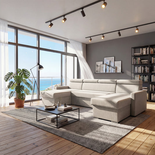 Vega U Wohnlandschaft mit Schlaffunktion und 2 Bettkasten Ecksofa in U-Form Verstellbare Kopfstützen Samt-Stoff Best 305x151 cm (Hellbeige)
