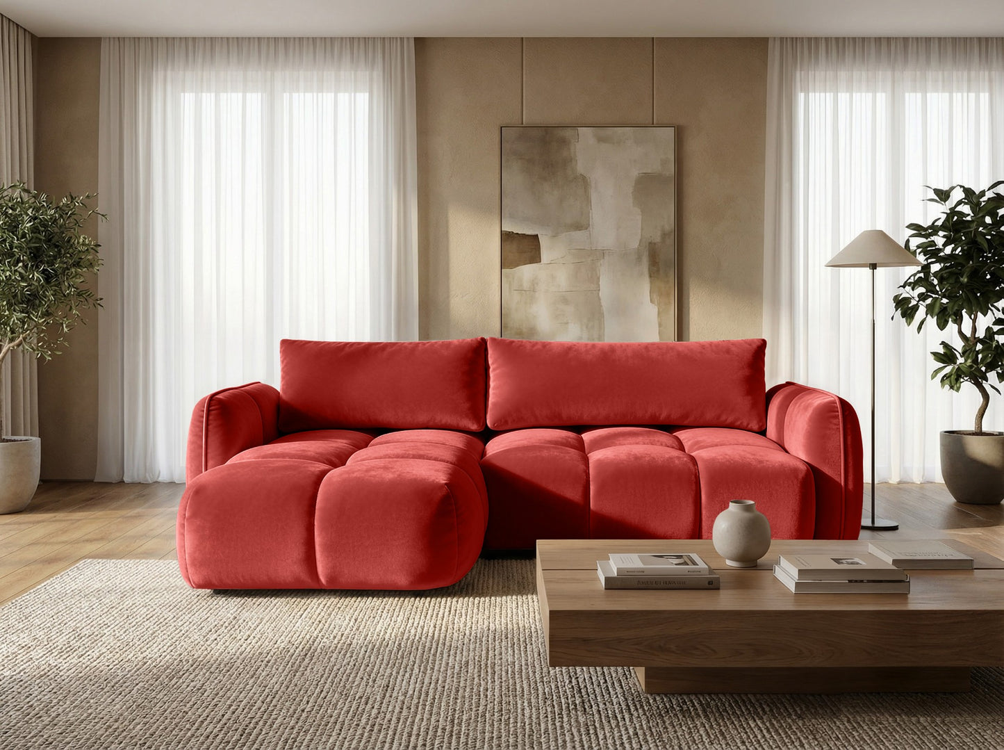 Ecksofa BELVEO mit Schlaffunktion und Bettkasten L-Form Ausrichtung Links Stoff Bluvel 59 Rot