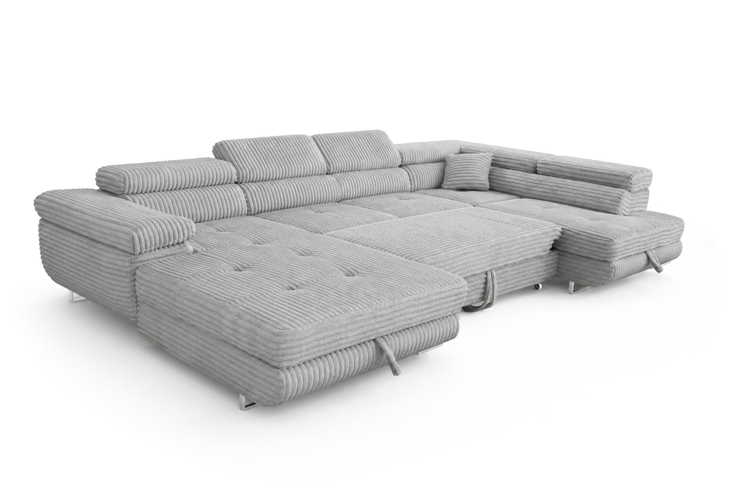 Wohnlandschaft Cordo U XXL U-Form Sofa mit Schlaffunktion & 2 Bettkästen – Breitcord Tilia Hellgrau– Ottomane Rechts