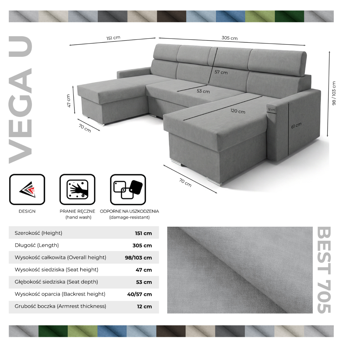 Vega U Ecksofa nach Maß | Breite anpassbar | Schlaffunktion 2 Bettkästen U-Form verstellbare Kopfstützen Samt-Stoff Best 305x151 cm (Stahlfarbe)