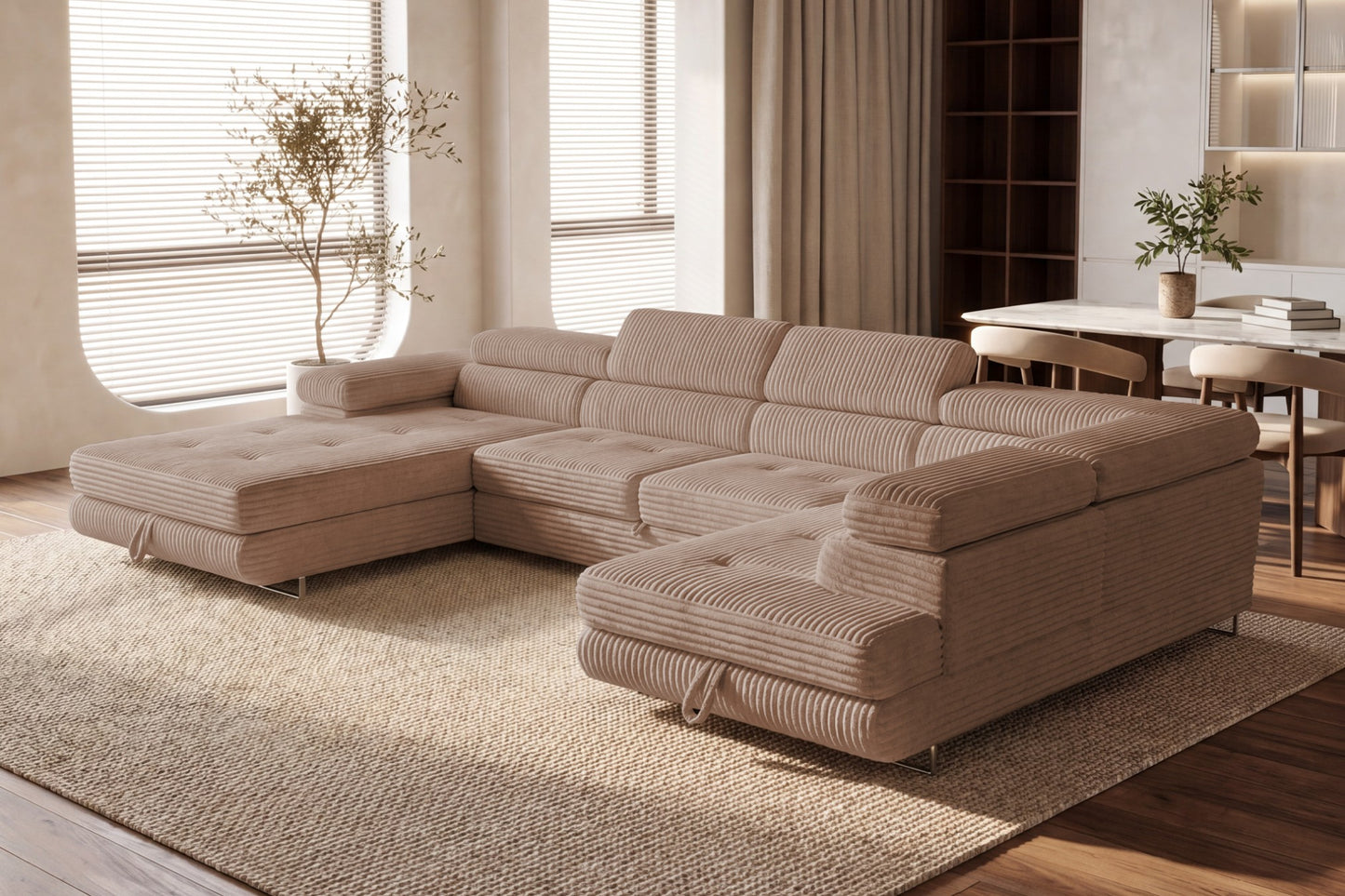 Wohnlandschaft Cordo U XXL U-förmiges Sofa mit Schlaffunktion & 2 Bettkästen – Breitcord Tilia Beige – Ottomane Rechts