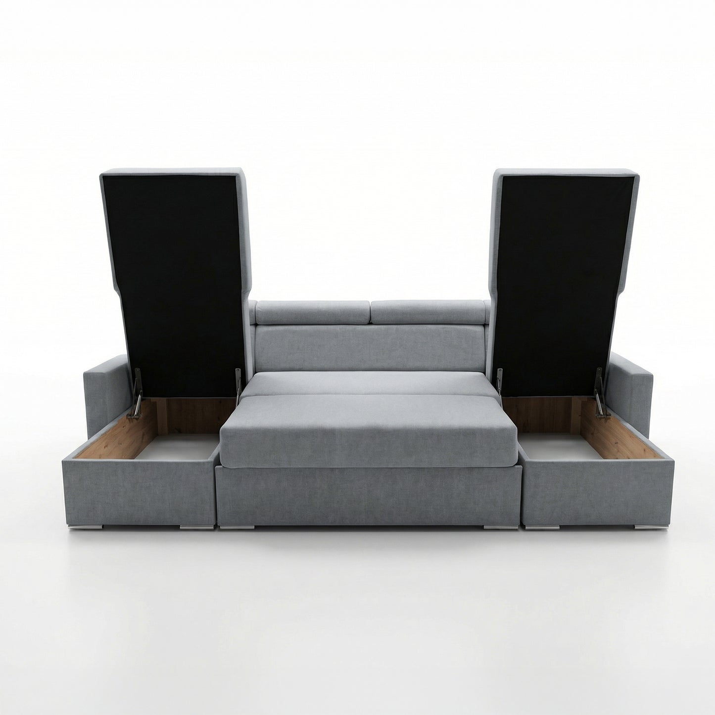 Vega U-Ecksofa nach Maß | Breite anpassbar | Schlaffunktion 2 Bettkästen U-Form verstellbare Kopfstützen Samtstoff Best 305x151 cm (Grau)