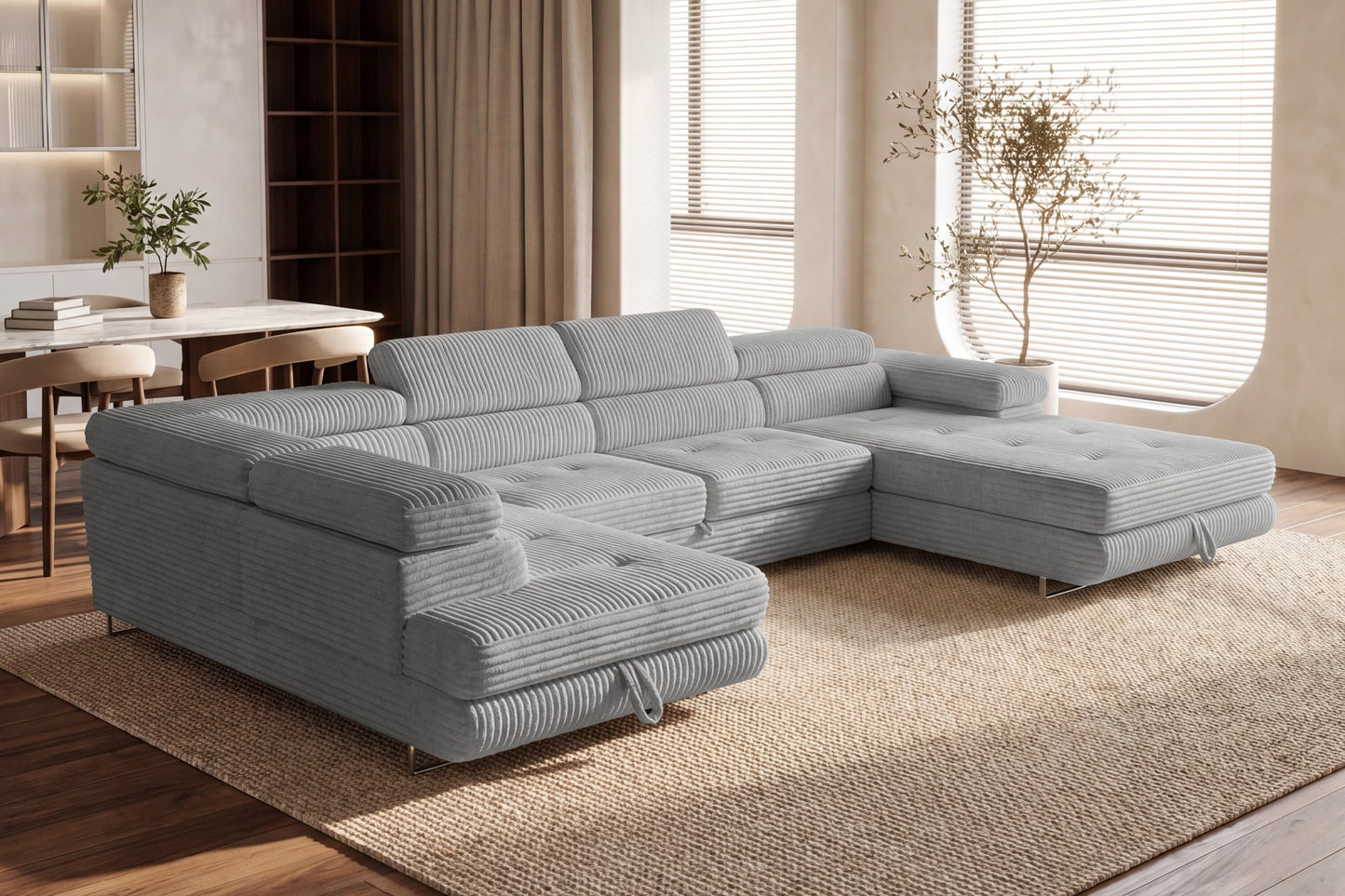 Wohnlandschaft Cordo U XXL U-Form Sofa mit Schlaffunktion & 2 Bettkästen – Breitcord Tilia Hellgrau– Ottomane Links