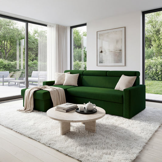 Ecksofa Vega L mit Schlaffunktion & Bettkasten – Samtstoff Best Flaschengrün – Zero-Wall Design Wandbündig – L-Form Sofa Freistehend Flaschengrün