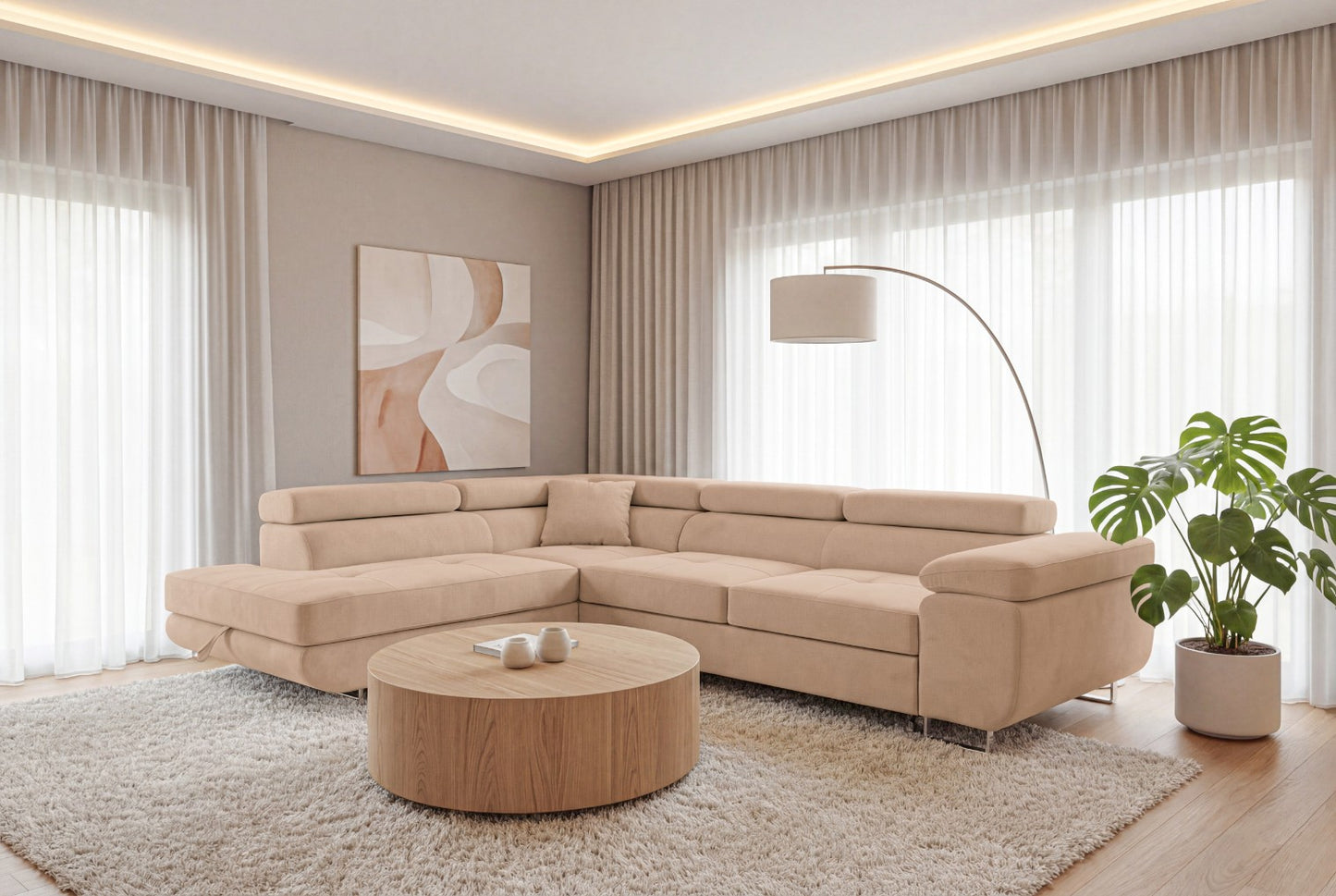Ecksofa Luca L-Form Beige Stoff Element 06 Linke Ottomane mit Schlaffunktion & Bettkasten