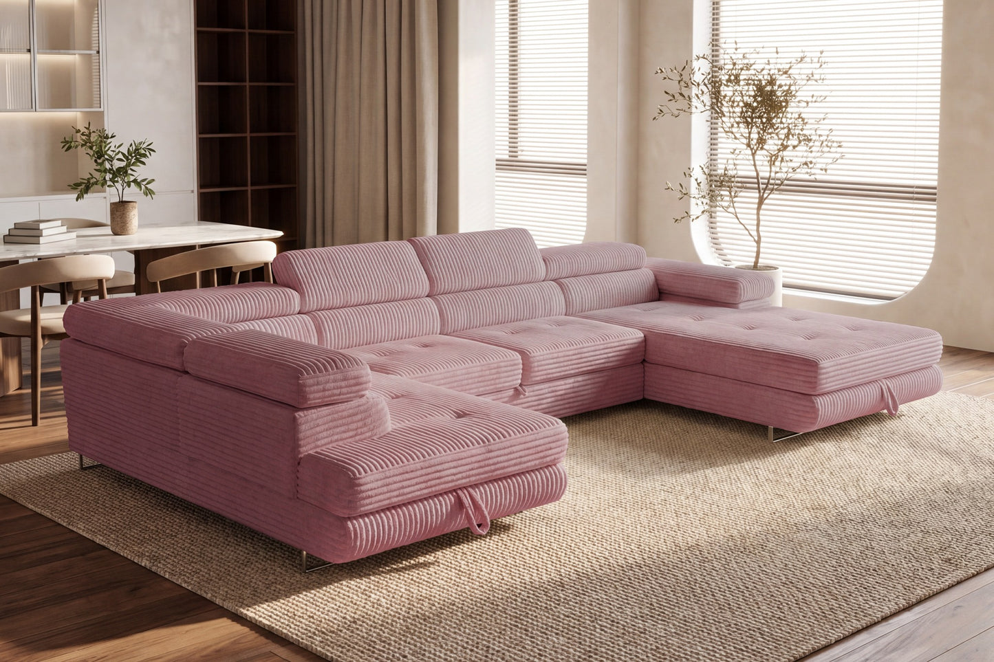 Wohnlandschaft Cordo U XXL U-Form Sofa mit Schlaffunktion & 2 Bettkästen – Breitcord Tilia Altrosa– Ottomane Links