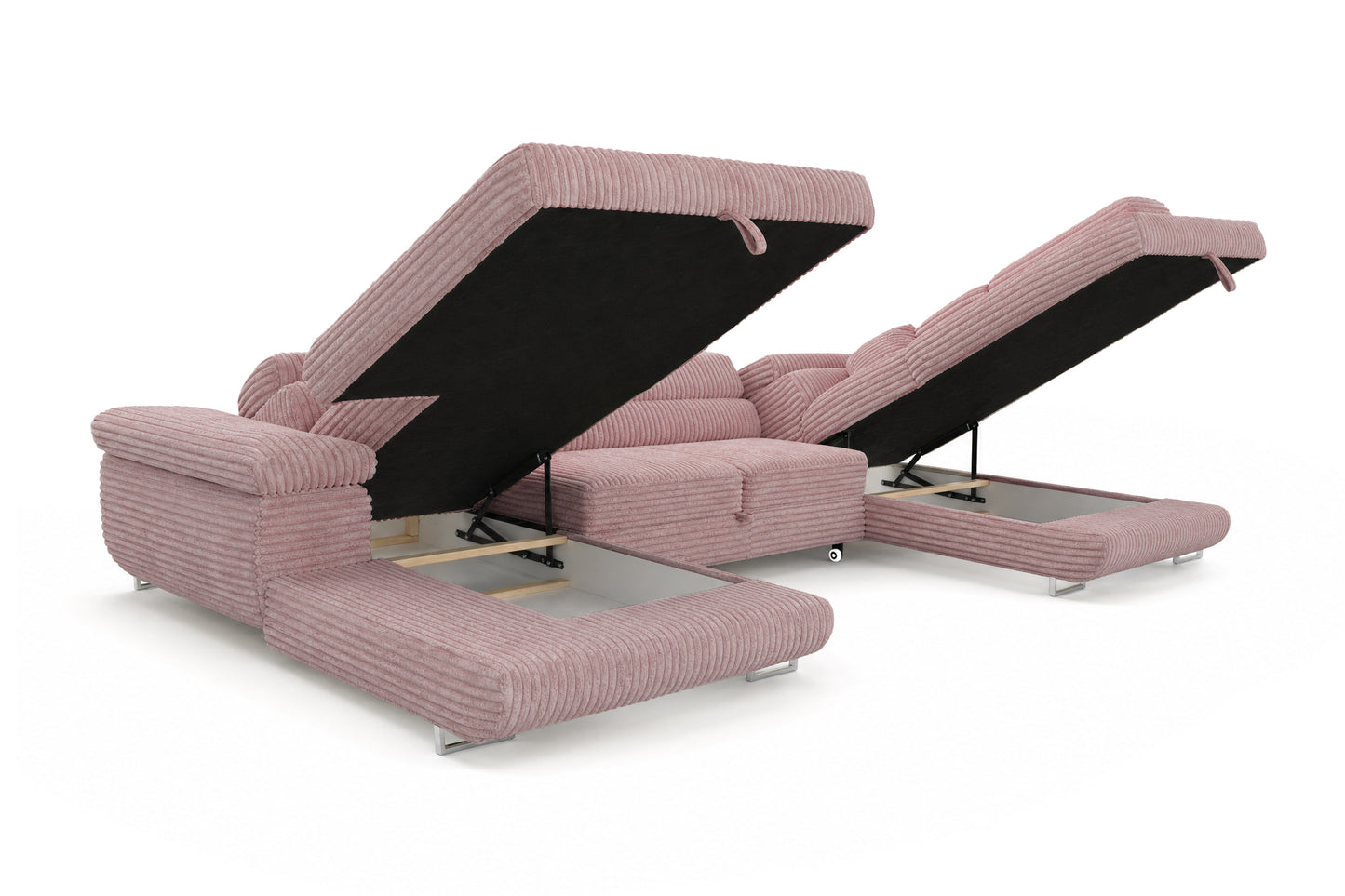 Wohnlandschaft Cordo U XXL U-förmiges Sofa mit Schlaffunktion & 2 Bettkästen – Breitcord Tilia Altrosa – Ottomane Rechts